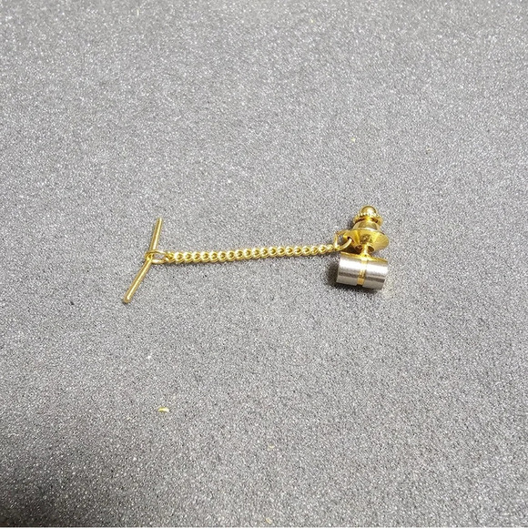 Mens Silver And Gold Tone Barrel Shaped Tie Tack Lapel Pin - Picture 1 of 5